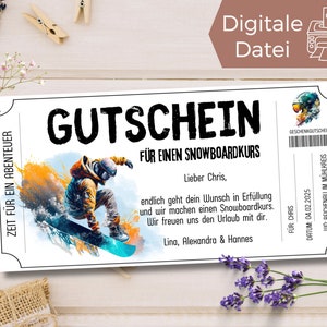 Vouchersjabloon snowboardcursus | Cadeaubon snowboardvakantie | Avontuurvoucher om af te drukken en te ontwerpen | Ervaringsbon