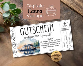 Hausboot Urlaub Gutschein Vorlage zum Ausdrucken | Reisegutschein für Urlaub auf dem Wasser | Geschenkgutschein Hausboot | Geschenkidee