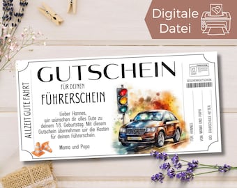 Gutschein Führerschein Vorlage zum Ausdrucken | Geschenkgutschein Fahrstunden Auto | Gutscheinvorlage Fahrschule zum Gestalten