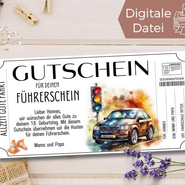 Gutschein Führerschein Vorlage zum Ausdrucken | Geschenkgutschein Fahrstunden Auto | Gutscheinvorlage Fahrschule zum Gestalten