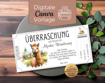 Plantilla de cupón para imprimir de Alpaca Hike | Cupón de regalo de Alpaca Hike | Cupón de experiencia para amigos | Senderismo con alpacas
