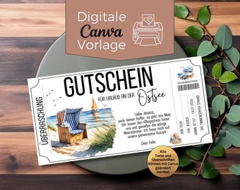 Reisegutschein Strandkorb Urlaub an der Ostsee | Gutschein für Tag am Strand Vorlage zum Ausdrucken | Geschenkgutschein | Reisegutschein