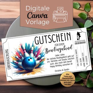 May include: A white gift voucher for a bowling night, with a blue bowling ball and colourful pins. The voucher includes German text, a bowler silhouette, and the words "Digital Canva Template."