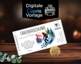 Skiing voucher template | Printable ski holiday gift voucher | Experience voucher for ski courses in winter | Gift idea for men