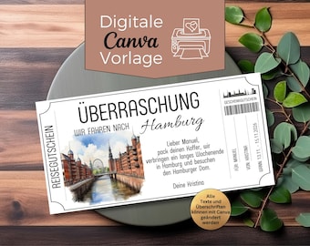 Reisegutschein Hamburg Elbe zum Ausdrucken | Gutschein Vorlage für einen Kurzurlaub | Geschenkgutschein Speicherstadt | Wochenendtrip