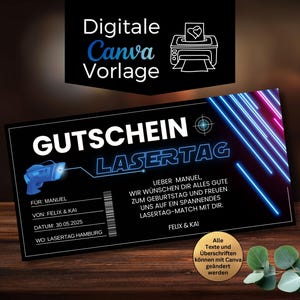 Może przedstawiać: Czarny kupon podarunkowy do laser taga z niebieskimi i różowymi neonowymi liniami. Kupon zawiera tekst "GUTSCHEIN LASERTAG" oraz dane dla Manuela, Felixa & Kai i datę 30.05.2025. Jest to szablon Canva.