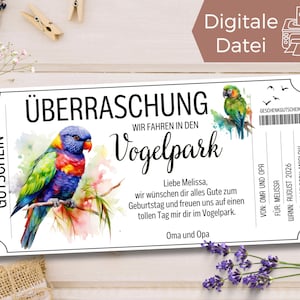 Voucher vogelpark sjabloon | Voucher voor een uitstapje naar de dierentuin om uit te printen | Dierenparkbon om te ontwerpen | Vogelverblijf