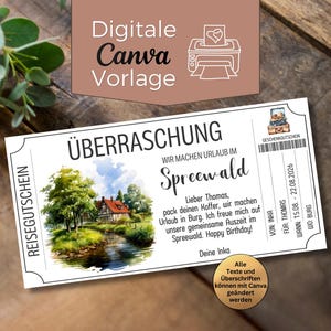 Könnte beinhalten: Ein weißer Gutschein mit dem deutschen Text "ÜBERRASCHUNG" und "Wir machen Urlaub im Spreewald." Er zeigt eine Aquarellillustration eines Hauses am Fluss. Der Text "Digitale Canva Vorlage" befindet sich oben.
