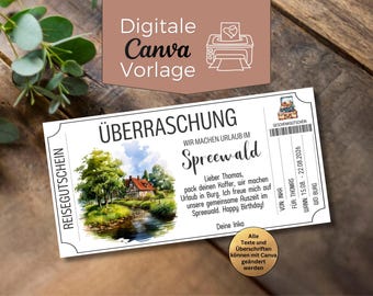 Reisegutschein Urlaub im Spreewald | Vorlage zum Ausdrucken | Gutscheinvorlage für eine Reise | Kurzurlaub Brandenburg | Bismarckturm Burg