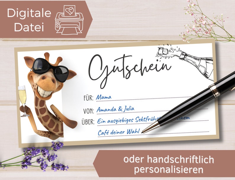 Gutschein Vorlage Giraffe mit Sektglas universal blanko Gutschein