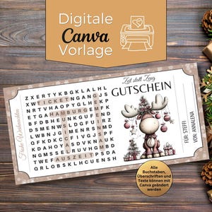 以下が含まれることがあります： クリスマスギフト券用のデジタルCanvaテンプレート。デザインは、単語検索パズル、オーナメント付きの漫画のトナカイ、ドイツ語のテキストが特徴です。証明書は雪片とクリスマスツリーの枝で飾られています。