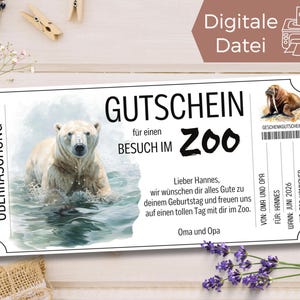 Szablon kuponu do odwiedzenia zoo niedźwiedź polarny | Voucher na wycieczkę do zoo do wydrukowania | Bon do parku zwierząt do zaprojektowania | Bon podarunkowy