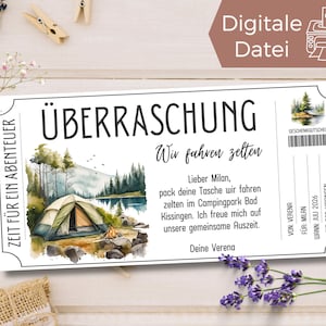 Gutschein Camping Zelten Vorlage | Gutschein Campingtrip zum Ausdrucken | Gutschein Übernachtung im Zelt zum Gestalten | Erlebnisgutschein