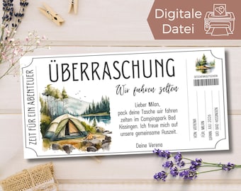 Gutschein Camping Zelten Vorlage | Gutschein Campingtrip zum Ausdrucken | Gutschein Übernachtung im Zelt zum Gestalten | Erlebnisgutschein
