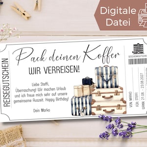Reisvoucher pak je koffer sjabloon om af te drukken | reischeque | Cadeaubon vakantiereis | op vakantie gaan | reis