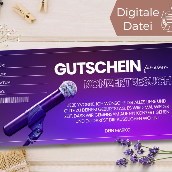 Gutschein Konzert Besuch Vorlage | Gutschein Konzertbesuch zum Ausdrucken | Ticket Geschenkgutschein zum Gestalten | Geschenkidee