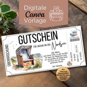 Könnte beinhalten: Ein digitales Canva-Vorlagen-Geschenkzertifikat mit dem Text "GUTSCHEIN FÜR URLAUB AN DER Nordsee" (Geschenkgutschein für Urlaub an der Nordsee). Das Zertifikat zeigt eine Strandkorb-Illustration und enthält editierbaren Text.