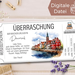 Plantilla de bono de viaje Dinamarca para imprimir | Bono de vacaciones en el Mar del Norte | Viaje Mar Báltico |Vale regalo viaje a la ciudad de Copenhague