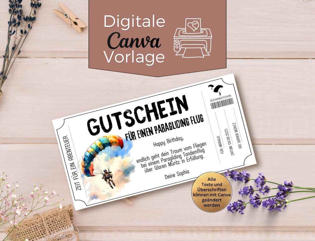 Paragliding Voucher Template | Parachute Gift Voucher to Print ...