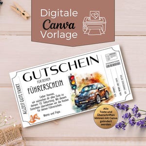 Gutschein Führerschein Vorlage zum Ausdrucken | Geschenkgutschein Fahrstunden Auto | Gutscheinvorlage Fahrschule zum Gestalten