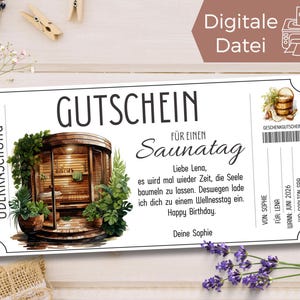 Plantilla de vale para visita a sauna | Plantilla de bono de fin de semana de spa de bienestar para imprimir | Idea de regalo para el día del bienestar | Acuarela del día de la sauna.