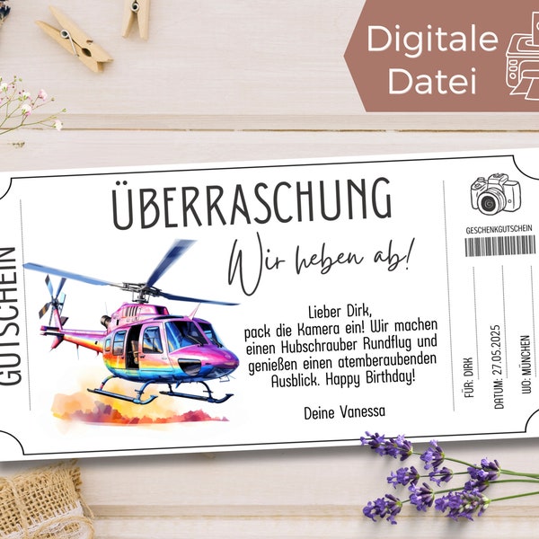 Gutschein Helikopterflug Vorlage zum Ausdrucken | Gutschein Hubschrauber Rundflug | Geschenkidee Zeit statt Zeug | Erlebnisgutschein