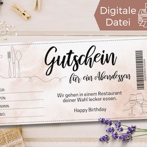 Gutschein Essen Gehen Vorlage zum Ausdrucken zuhause | Gutschein Abendessen | Gutschein Restaurant Besuch zum Gestalten | Geschenkgutschein