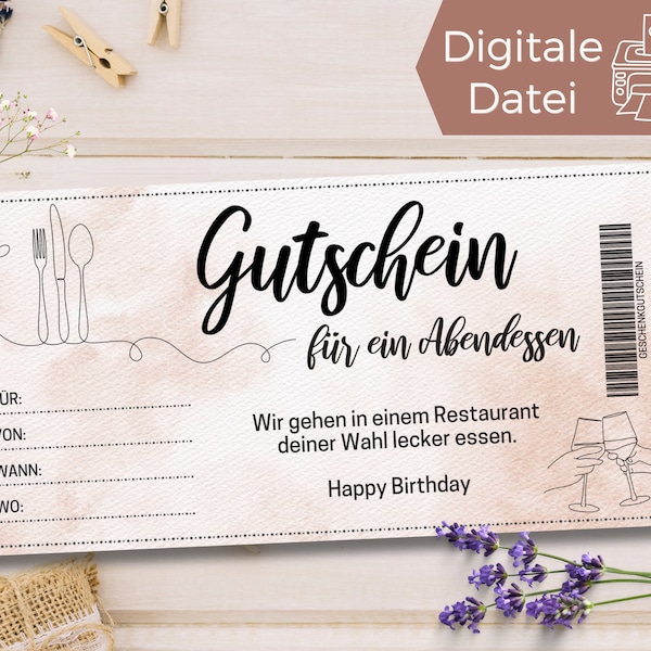 Eating out voucher template to print at home | Voucher dinner | Voucher restaurant visit to design | gift card