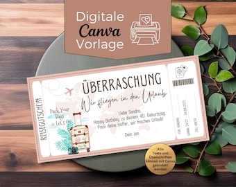 May include: A digital Canva template for a travel surprise gift certificate. The ticket-style design features a suitcase, a camera, and the text "Pack Your Bags & Let's Go." The certificate is addressed to Sandra for her 40th birthday, with a trip to Crete.
