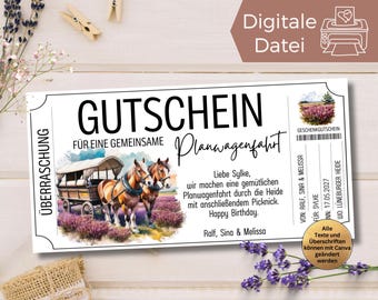Gutschein Planwagenfahrt Vorlage zum Ausdrucken | Geschenkidee Rundfahrt Planwagen | Erlebnistutschein Kutschfahrt | Heide Planwagenfahrt