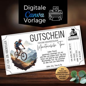 Può includere: Un buono regalo bianco con la scritta "GUTSCHEIN" e "Mountainbike Tour". Il buono presenta un'illustrazione di un mountain biker e la scritta "Zeit für ein Abenteuer". Il buono è un modello Canva digitale.