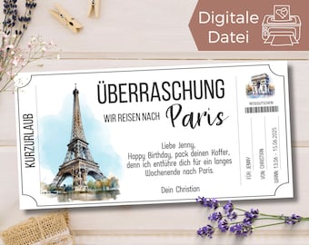 Travel voucher Paris | Voucher template for a trip to France | Voucher to print out | Holiday gift voucher