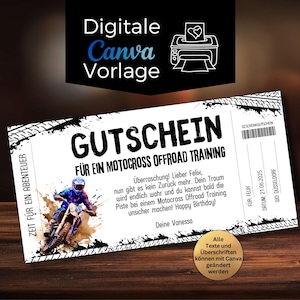 Puede incluir: Un vale de regalo blanco con texto negro y un gráfico de un motociclista. El vale dice "GUTSCHEIN FÜR EIN MOTOCROSS OFFROAD TRAINING" e incluye el texto "Zeit für ein Abenteuer". La imagen también incluye el texto "Digitale Canva Vorlage".