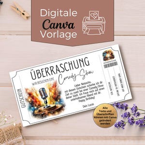 Cupón para espectáculo de comedia | Plantilla para imprimir para stand-up de micrófono abierto | Diseño de cupón de regalo | Idea de regalo