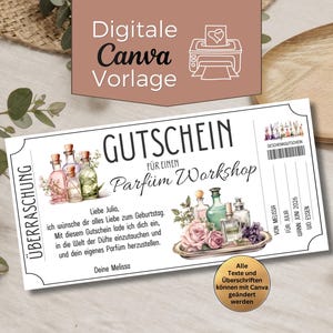 Puede incluir: Un vale de regalo blanco con el texto "GUTSCHEIN FÜR EINEN Parfüm Workshop" e ilustraciones de acuarela de frascos de perfume y rosas. El vale incluye el texto "Digitale Canva Vorlage".