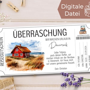 Reisegutschein Dänemark Vorlage zum Ausdrucken | Gutschein Urlaub an der Nordsee | Reise Ostsee |Geschenkgutschein Strandurlaub Sommer