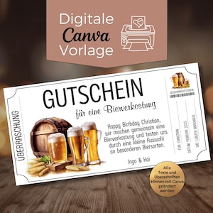 Op de afbeelding: Een witte cadeaubon met de Duitse tekst "GUTSCHEIN für eine Bierverkostung" en illustraties van bierglazen en een vat. De bon bevat de tekst "Happy Birthday Christian" en "Ingo & Kai".