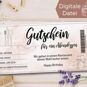 Gutschein Essen Gehen Vorlage zum Ausdrucken zuhause | Gutschein Abendessen | Gutschein Restaurant Besuch zum Gestalten | Geschenkgutschein