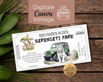 Gutschein Serengeti Park Vorlage | Gutschein Zoobesuch zum Ausdrucken | Gutschein Tierpark zum Gestalten | Geschenkgutschein weißer Tiger