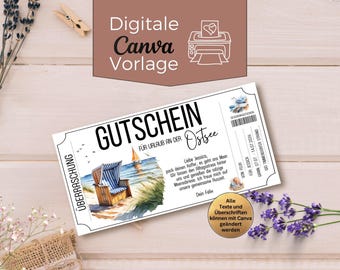 Reisegutschein Strandkorb Urlaub an der Ostsee | Gutschein für Tag am Strand Vorlage zum Ausdrucken | Geschenkgutschein | Reisegutschein