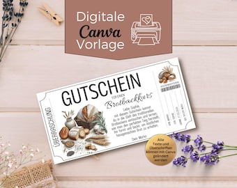 Gutschein Brotbackkurs | Vorlage zum Ausdrucken | Canva Gutscheinvorlage für Brotliebhaber | Hobby Bäcker Brot backen