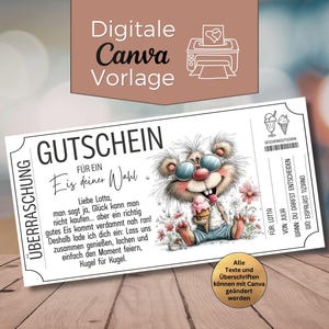 Könnte beinhalten: Eine digitale Canva-Vorlage für einen Gutschein. Der Gutschein zeigt einen Cartoon-Bären mit Sonnenbrille, der eine Eistüte hält. Der Text enthält "GUTSCHEIN" und "Eis deiner Wahl" mit zusätzlichem deutschem Text. Der Gutschein ist weiß mit schwarzem Rand.