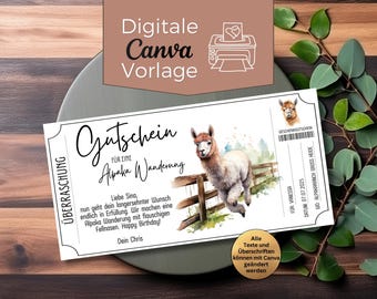 Plantilla de cupón para caminata con alpacas para imprimir | Cupón de regalo para diseñar | Cupón para una experiencia de caminata con alpacas | Senderismo con alpacas