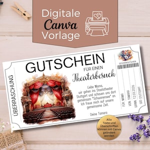 Könnte beinhalten: Ein Gutschein für einen Theaterbesuch mit dem Text "GUTSCHEIN FÜR EINEN Theaterbesuch" und einer Aquarellillustration einer Theaterbühne mit roten Vorhängen. Das Ticket enthält Text und ein Datum.