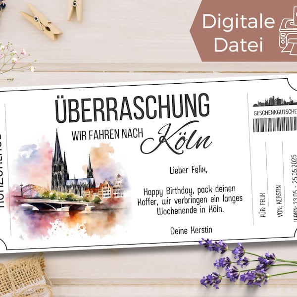 Travel voucher Cologne | Voucher template for a short vacation | Voucher to print out | Gift voucher holiday city trip