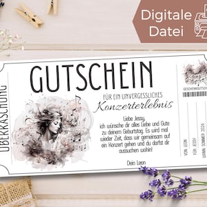 Gutschein Konzertbesuch Vorlage zum Ausdrucken | Gutscheinvorlage Konzert | Ticket Geschenkgutschein zum Gestalten | Geschenkidee Musik