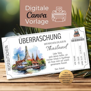 Può includere: Un buono regalo di viaggio bianco con un'illustrazione ad acquerello di templi e barche tailandesi. Il certificato include testo in tedesco, con le parole "Sorpresa" e "Andiamo in vacanza in Thailandia." È un modello Canva digitale.