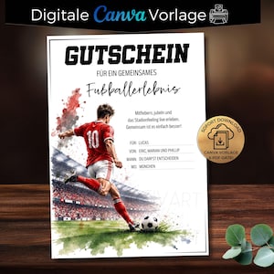 Peut inclure: Un modèle de bon cadeau rectangulaire présentant une illustration à l'aquarelle d'un joueur de football en maillot rouge portant le numéro 10, tirant un ballon sur un terrain. Le texte indique GUTSCHEIN, FÜR EIN GEMEINSAMES, Fußballerlebnis, avec des champs pour les noms, la date et le lieu.