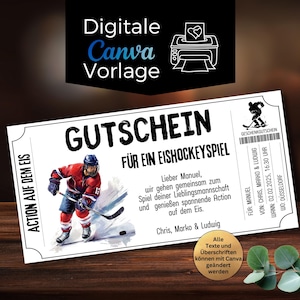 Pode incluir: Um bilhete branco com o texto "GUTSCHEIN FÜR EIN EISHOCKEYSPIEL" e uma ilustração de jogador de hóquei. O bilhete inclui o texto "ACTION AUF DEM EIS" e "Digitale Canva Vorlage".