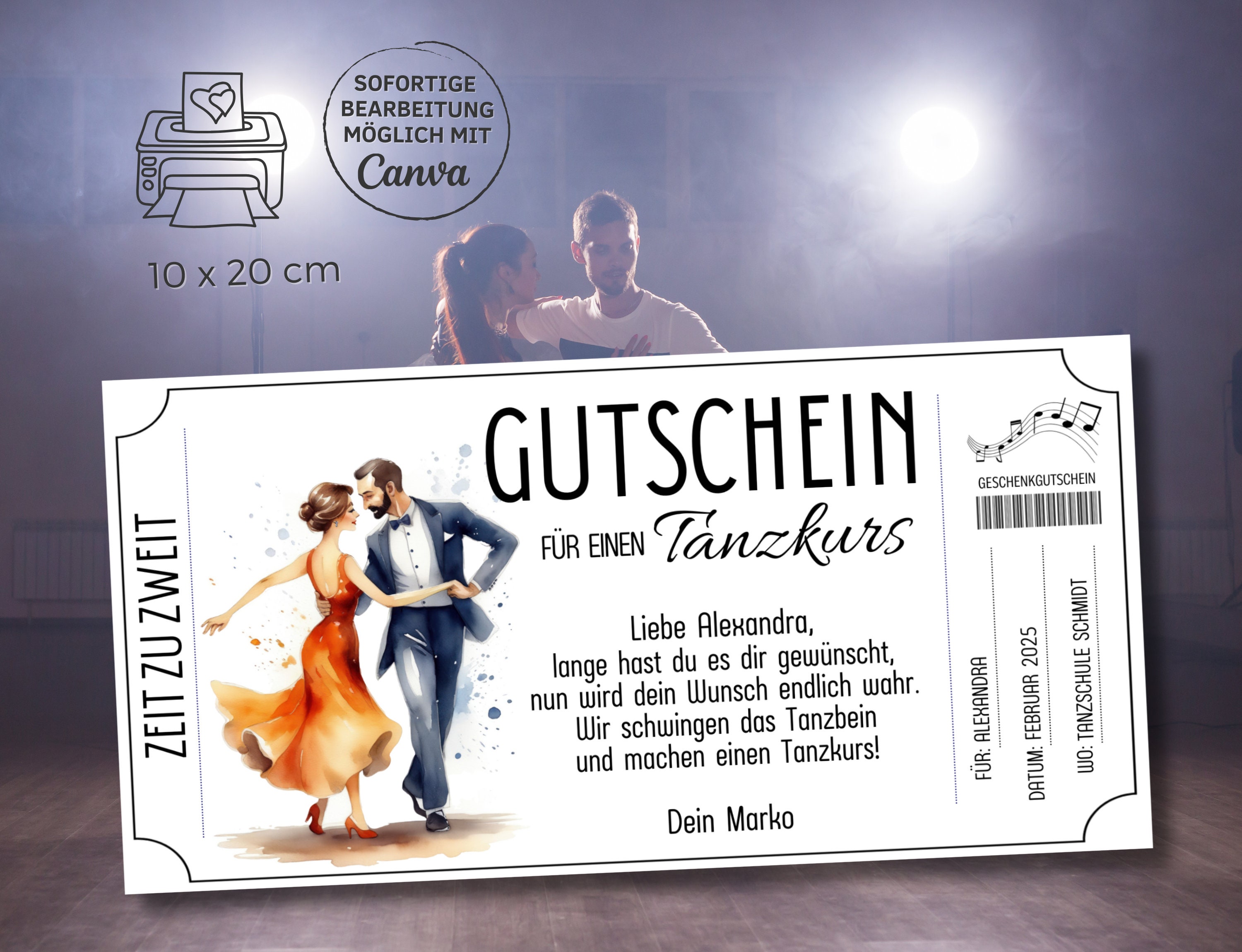 Gutschein Tanzkurs Vorlage Gutschein zum Ausdrucken Geschenkidee Tanzen